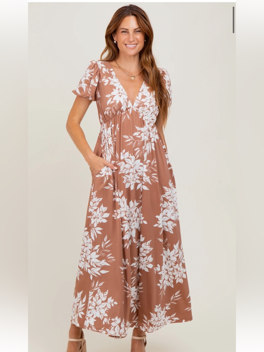 Pinkblush Mocha V Neck Maxi Dress with White Floral Print